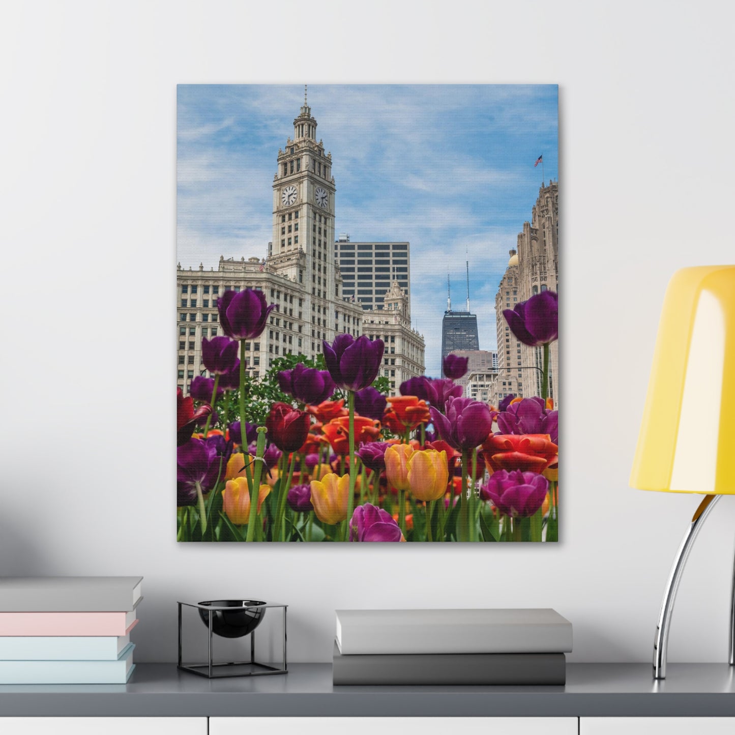 Wrigley Building with Spring Tulips, Chicago - Canvas Wall Print (Free Shipping)