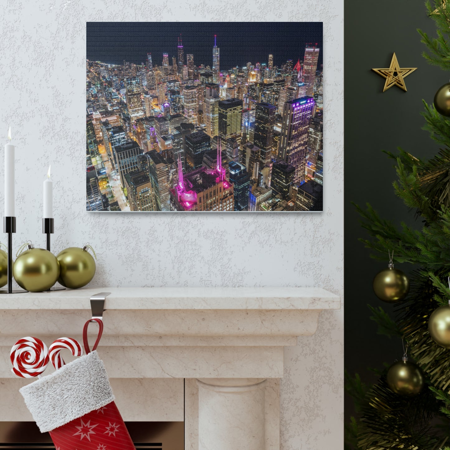 Chicago Skyline, Glowing Cityscape - Canvas Wall Print (Free Shipping)